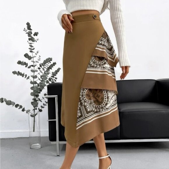 NEW Avant Garde Layered Scarf Asymmetrical Midi Skirt L Posh Preppy Brown - Picture 5 of 8